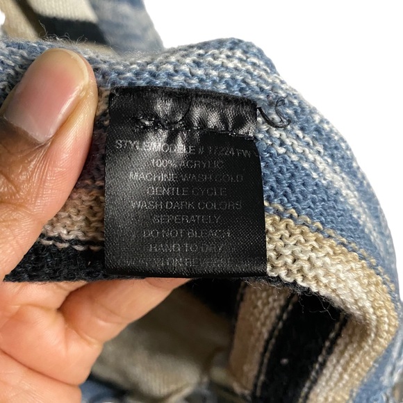 Majora Women's Tan/Blue Striped Open Front Fringed Knit Cardigan - Picture 6 of 10